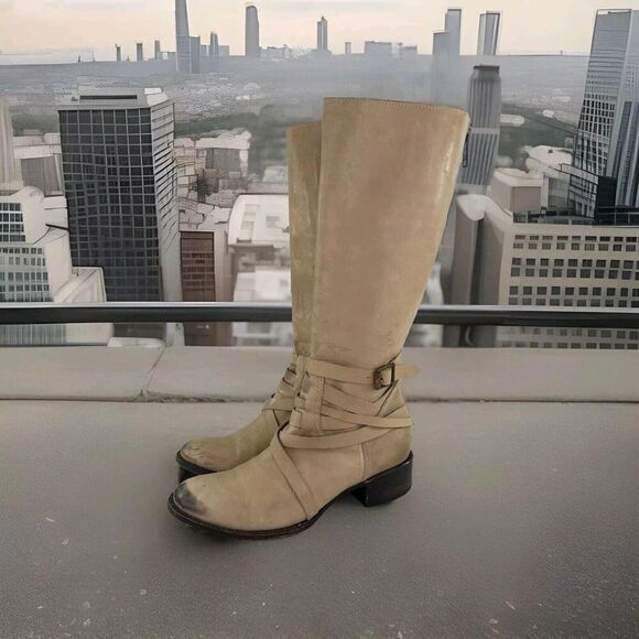 Freebird By Steven Oak Tall Boots US 10 Cream Leather Zip Knee High Riding Boot - Picture 1 of 14